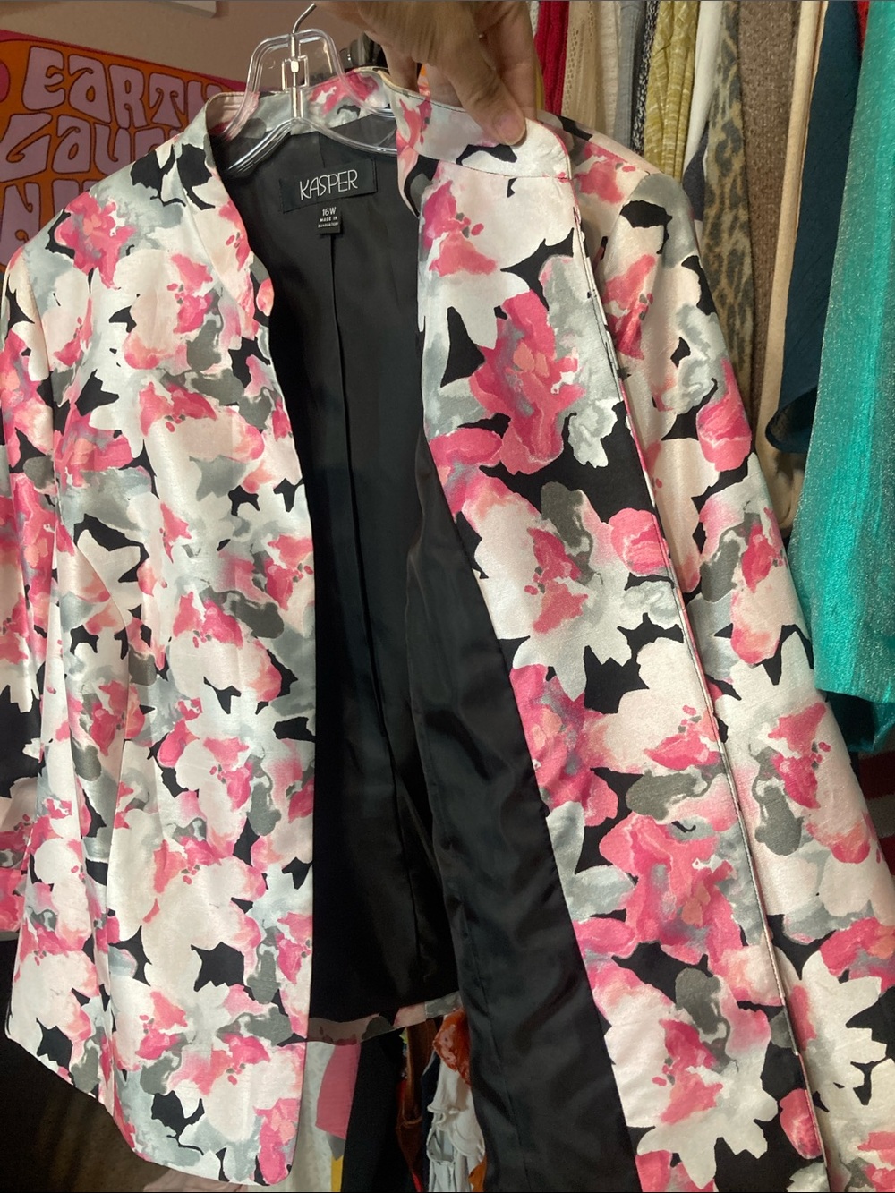 Kasper 16W Pink & Black Abstract Floral Open-Front Blazer Jacket - Picture 6 of 12